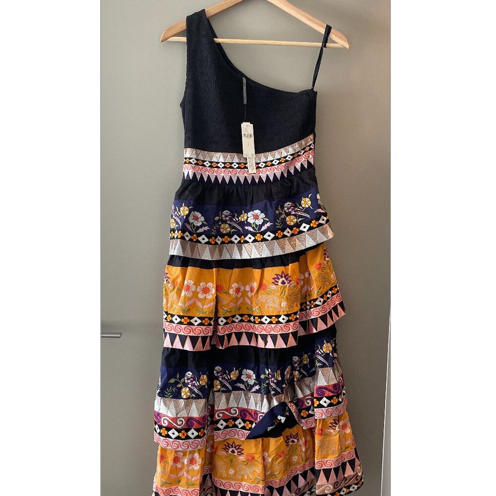 NWT Anthropologie One Shoulder Embroidered Midi Ruffle Dress Size 2 - Picture 2 of 5